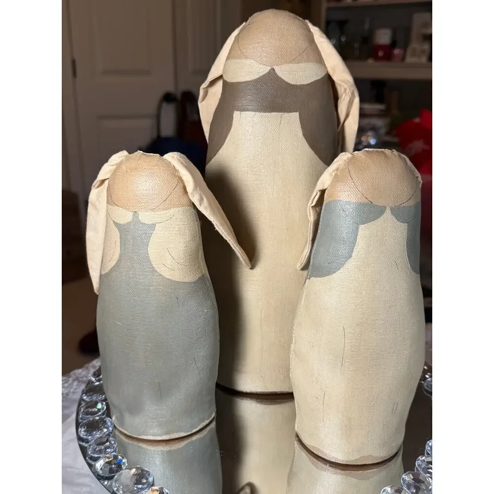 Handcrafted, Vintage Set of 3 Easter Bunnies. Handpainted fabric, wood bases'90